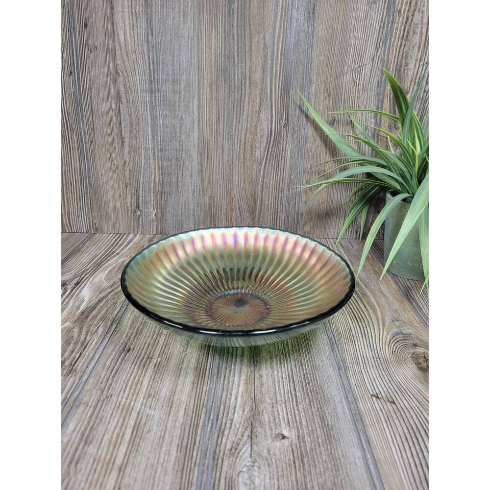 Vintage Stippled Ray Carnival Glass Bowl, Green Gold, Imperial Glass? Northwood?
